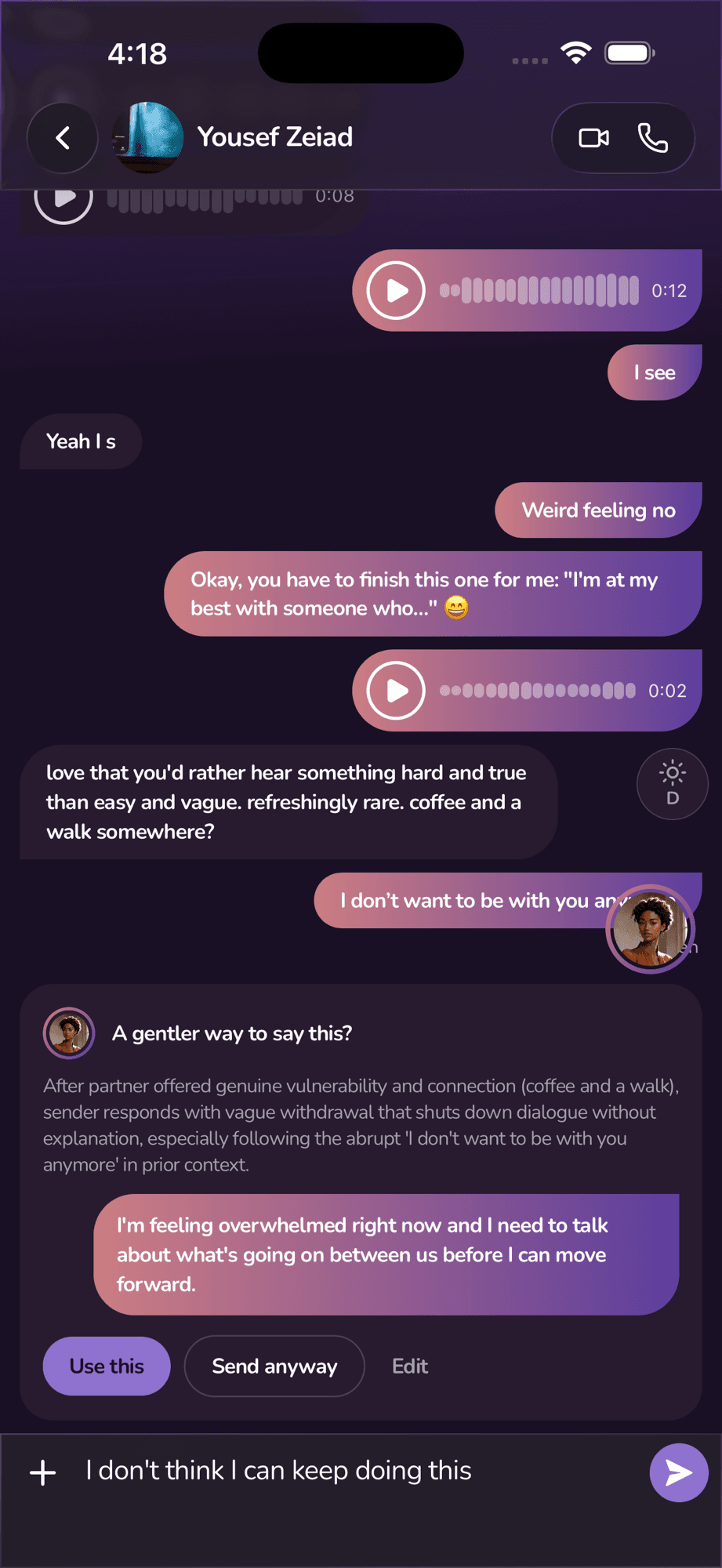 The sender's screen: a draft message, and a coaching panel asking whether there is a gentler way to say it, with the reason it noticed and a suggested rewrite.
