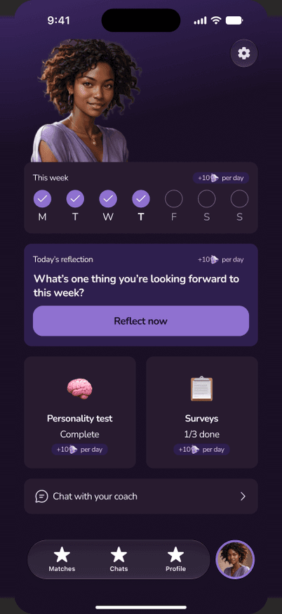 The Jingles coach dashboard, showing the week's reflection streak and today's prompt.